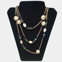 Chanel Vintage Large Pearls And Green And Purple Crystal Bead Gold Necklace