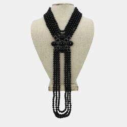 Chanel Black Beaded Multi Strand Emblem Necklace