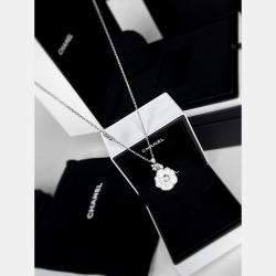 Chanel 18K White Gold Camelia White Ceramic Diamond Camellia Flower Necklace