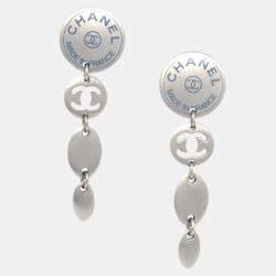 Pre Owned Chanel Button Silver Dangle Piercing Earrings