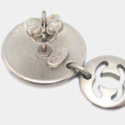 Pre Owned Chanel Button Silver Dangle Piercing Earrings