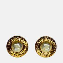 Pre Owned Chanel Vintage Aztec Design and Pearl Clip On Earrings