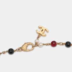 Pre Owned Chanel Multicolor Gold Tone Hardware, Faux Pearl and Enamel CC Gripoix Station Necklace