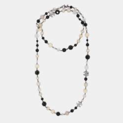 Pre Owned Chanel Multicolor Gun Metal Tone, Faux Pearl and Crystal CC Long Station Necklace