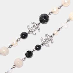 Pre Owned Chanel Multicolor Gun Metal Tone, Faux Pearl and Crystal CC Long Station Necklace