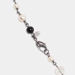 Pre Owned Chanel Multicolor Gun Metal Tone, Faux Pearl and Crystal CC Long Station Necklace