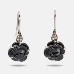 Chanel Camelia Sculpte Onyx Diamond 18k White Gold Earrings Chanel