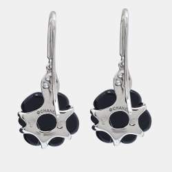 Pre Owned Chanel Camelia Sculpte Onyx Diamond 18k White Gold Hook Earrings