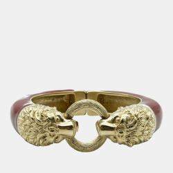 Pre Owned Chanel Burgundy Leo Lion Enamel Gold Metal Cuff Bracelet 16