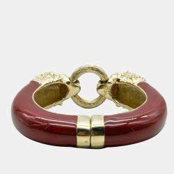 Pre Owned Chanel Burgundy Leo Lion Enamel Gold Metal Cuff Bracelet 16