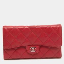 Pre Owned Chanel Red Quilted Caviar Leather Classic L Flap Wallet