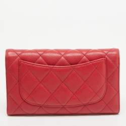 Pre Owned Chanel Red Quilted Caviar Leather Classic L Flap Wallet