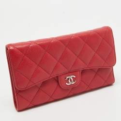 Pre Owned Chanel Red Quilted Caviar Leather Classic L Flap Wallet