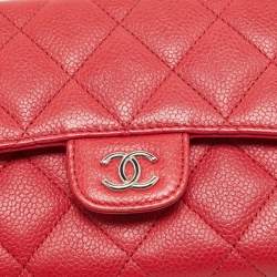 Pre Owned Chanel Red Quilted Caviar Leather Classic L Flap Wallet