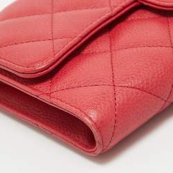 Pre Owned Chanel Red Quilted Caviar Leather Classic L Flap Wallet