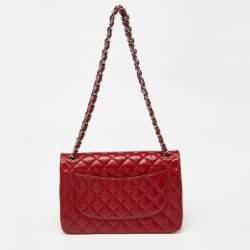 Pre Owned Chanel Red Quilted Caviar Leather Jumbo Classic Double Flap Bag