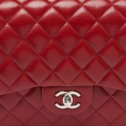 Pre Owned Chanel Red Quilted Caviar Leather Jumbo Classic Double Flap Bag