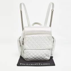 Pre Owned Chanel Silver Quilted Leather Casual Rock Airline Backpack