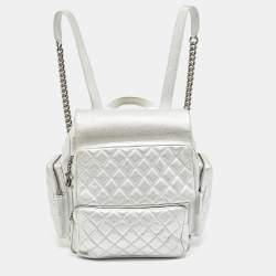 Pre Owned Chanel Silver Quilted Leather Casual Rock Airline Backpack