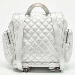 Pre Owned Chanel Silver Quilted Leather Casual Rock Airline Backpack