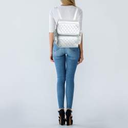 Pre Owned Chanel Silver Quilted Leather Casual Rock Airline Backpack