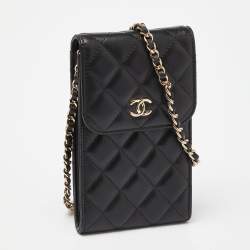 Pre Owned Chanel Black Quilted Leather Phone Holder Crossbody Bag               