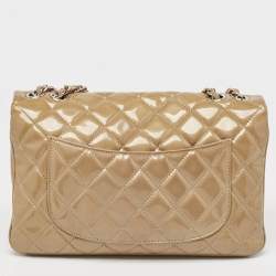 Pre Owned Chanel Beige Quilted Patent Leather 3 Classic Flap Bag