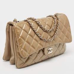 Pre Owned Chanel Beige Quilted Patent Leather 3 Classic Flap Bag