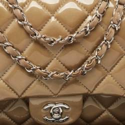 Pre Owned Chanel Beige Quilted Patent Leather 3 Classic Flap Bag