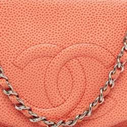 Pre Owned Chanel Orange Caviar Leather Half Moon Wallet On Chain