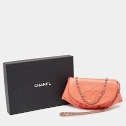 Pre Owned Chanel Orange Caviar Leather Half Moon Wallet On Chain