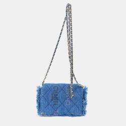 Chanel Logo Printed Quilted Fringe Denim Mood Flap Clutch with Chain 