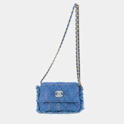 Chanel Logo Printed Quilted Fringe Denim Mood Flap Clutch with Chain 