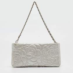 Pre Owned Chanel Grey Shimmer Nubuck Leather Camelia Embossed Chain Clutch