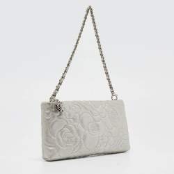 Pre Owned Chanel Grey Shimmer Nubuck Leather Camelia Embossed Chain Clutch