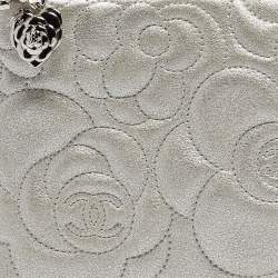 Pre Owned Chanel Grey Shimmer Nubuck Leather Camelia Embossed Chain Clutch