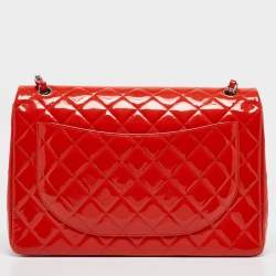 Chanel Orange Quilted Patent Leather Maxi Classic Double Flap Bag