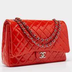 Chanel Orange Quilted Patent Leather Maxi Classic Double Flap Bag