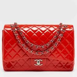 Chanel Orange Quilted Patent Leather Maxi Classic Double Flap Bag