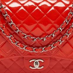 Chanel Orange Quilted Patent Leather Maxi Classic Double Flap Bag