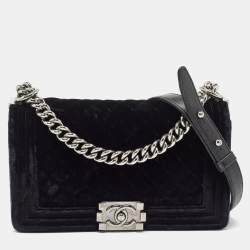 Pre Owned Chanel Black Quilted Velvet Medium Boy Flap Bag