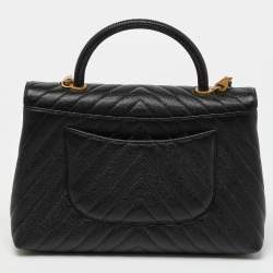 Pre Owned Chanel Black Chevron Caviar Leather and Lizard Medium Coco Top Handle Bag