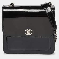 Pre Owned Chanel Black Patent Leather Vintage CC Square Flap Bag