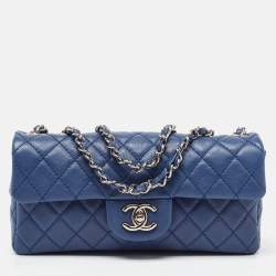 Pre Owned Chanel Blue Quilted Caviar Leather East/West Classic Flap Bag