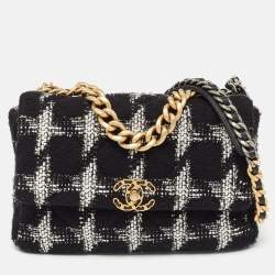 Pre Owned Chanel Black/White Quilted Houndstooth Tweed and Leather Large 19 Flap Bag