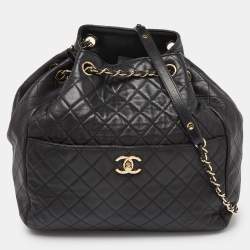 Pre Owned Chanel Black Quilted Leather CC Lock Drawstring Bucket Bag