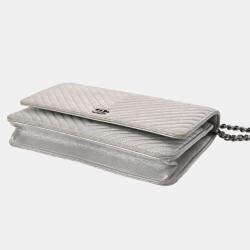 Chanel Metallic Silver Leather Wallet On Chain