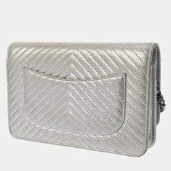 Chanel Metallic Silver Leather Wallet On Chain