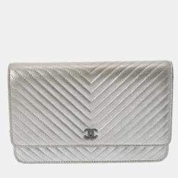 Chanel Metallic Silver Leather Wallet On Chain