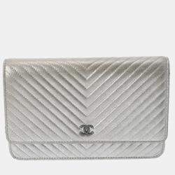 Chanel Metallic Silver Leather Wallet On Chain